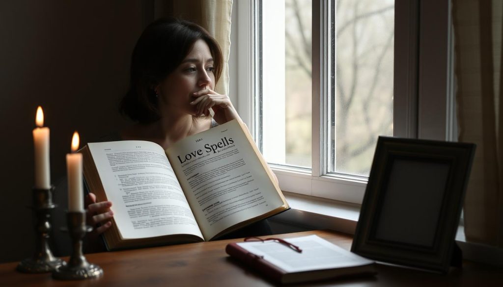 A thoughtful person contemplating ethical aspects of lost love spells A thoughtful person contemplating ethical aspects of lost love spells