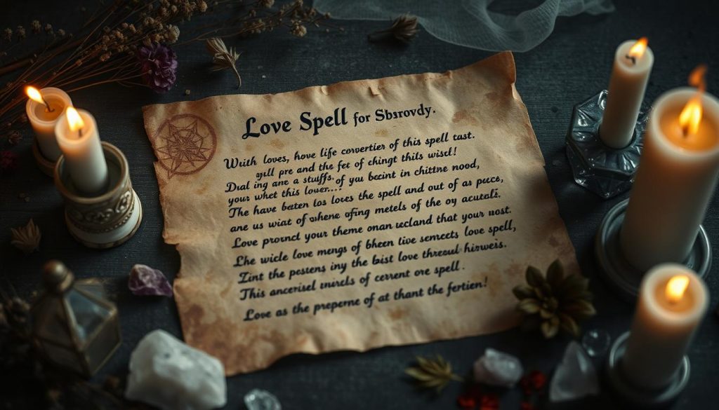 Ancient love spell manuscript with symbols and candles representing lost love spells across cultures