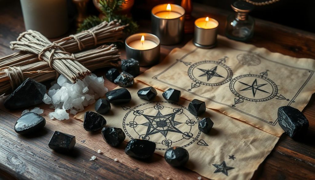 Ancient protection symbols and modern ritual items for protection spells