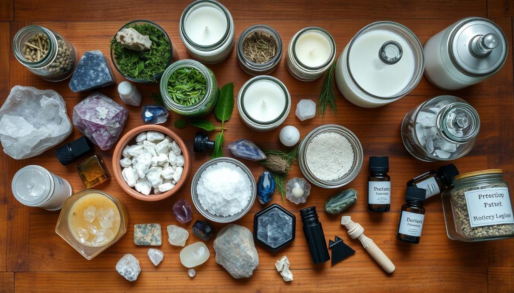 Collection of essential tools and ingredients for protection spells