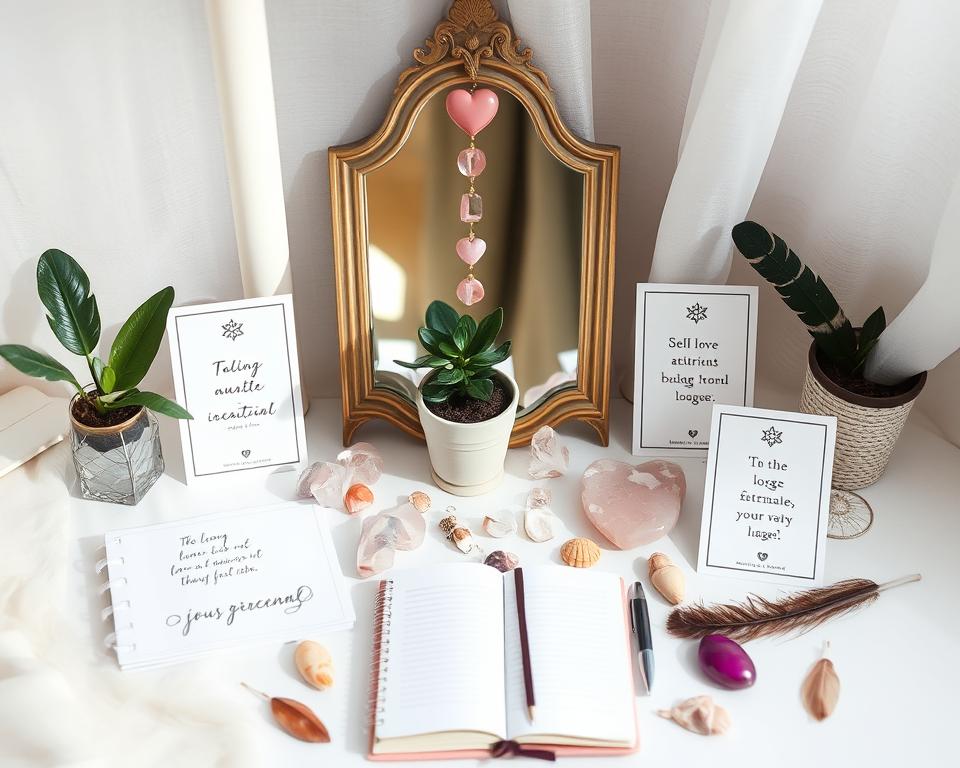 Ethical love ritual altar with self-love symbols and natural elements Ethical love ritual altar with self-love symbols and natural elements