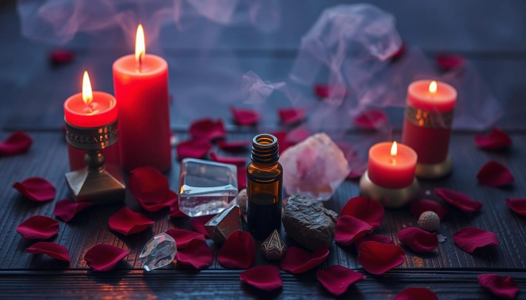 Love spells that work fast - candles, roses and ritual items arranged for spell casting