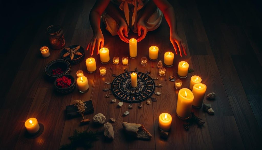 Person preparing a sacred space for a ritual with candles and natural elements
