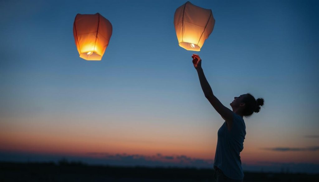 Person releasing paper lantern symbolizing letting go and ethical approach to lost love Person releasing paper lantern symbolizing letting go and ethical approach to lost love
