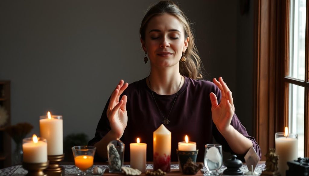 Practitioner setting clear intentions before casting a protection spell