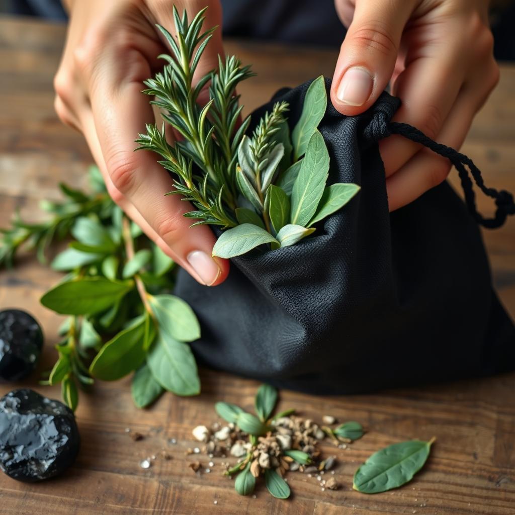 Protective herbs being placed in a small charm bag for a protection spell
