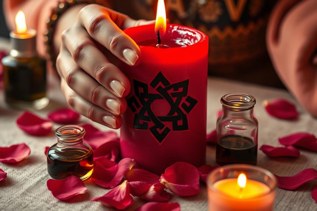 Red candle love spell that works fast with carved symbols and rose oil Red candle love spell that works fast with carved symbols and rose oil