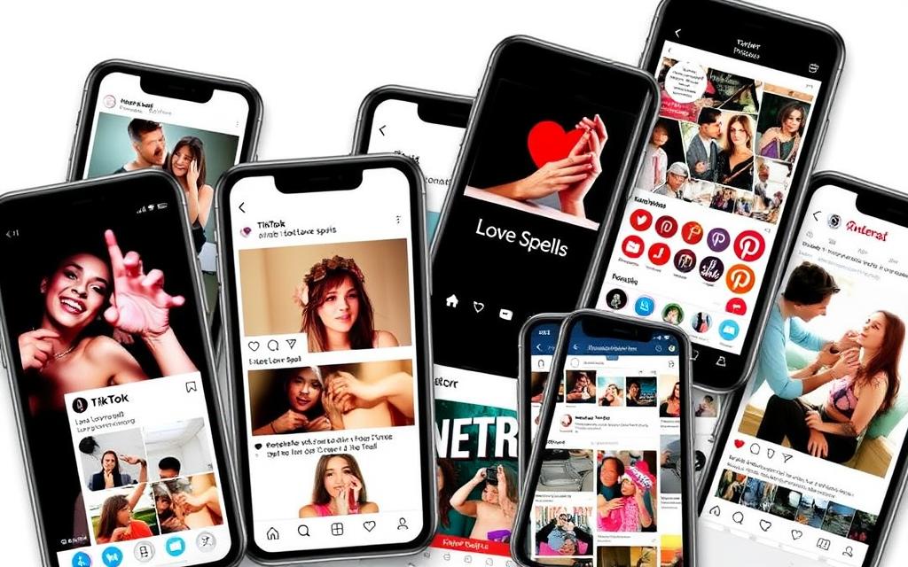 Social media screens showing trending lost love spell content and hashtags Social media screens showing trending lost love spell content and hashtags