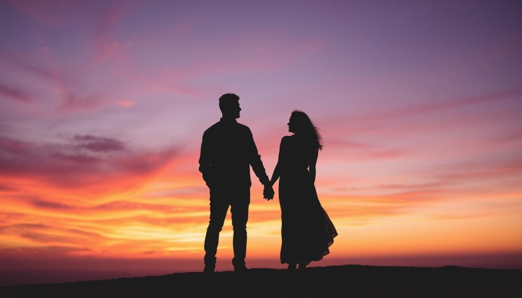 Sunset silhouette of a couple holding hands, symbolizing commitment and partnership