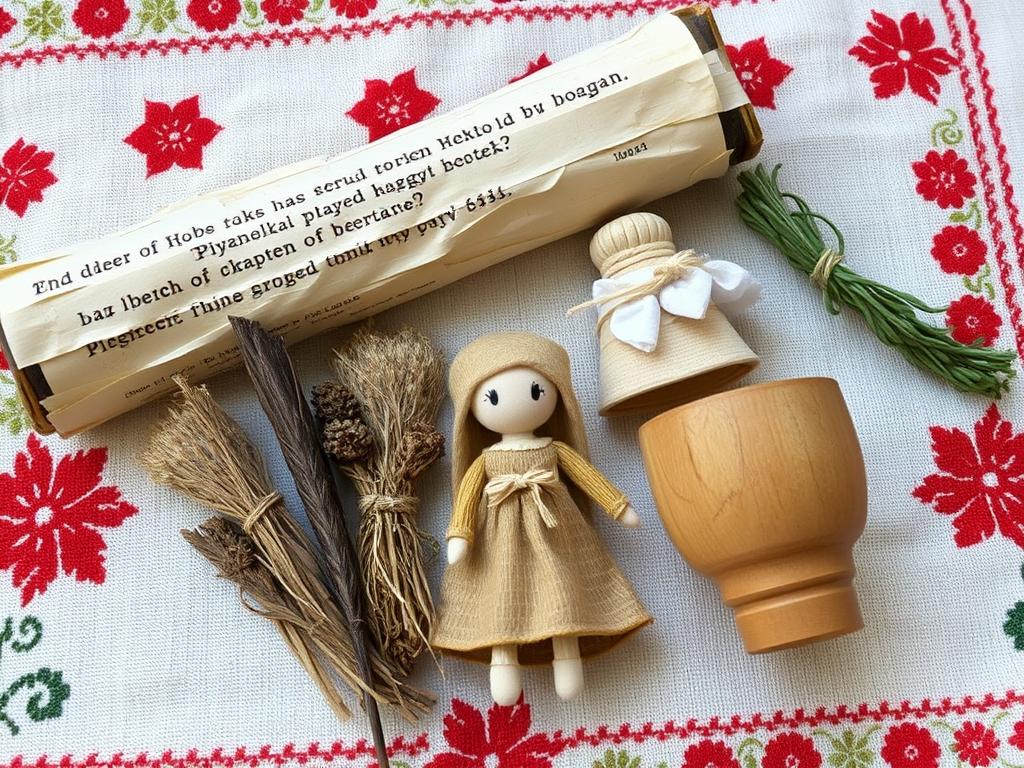 Traditional Slavic love spell ingredients including herbs and handmade dolls Traditional Slavic love spell ingredients including herbs and handmade dolls