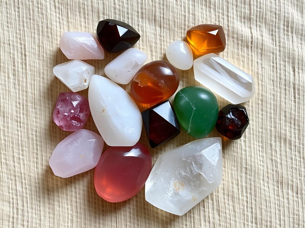 Various crystals used in marriage spells arranged in a heart shape