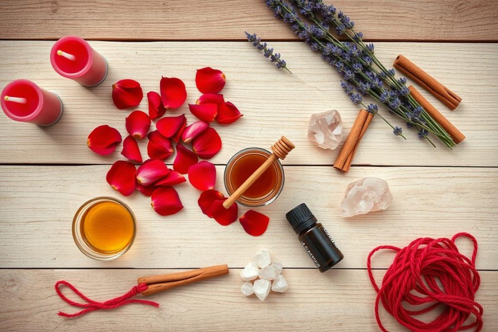 Various ingredients used in traditional marriage spells including candles, herbs, and crystals