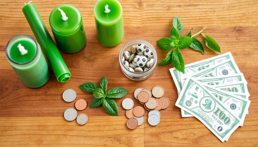 Various lottery spell ingredients including candles, herbs, and lottery tickets arranged on a ritual table