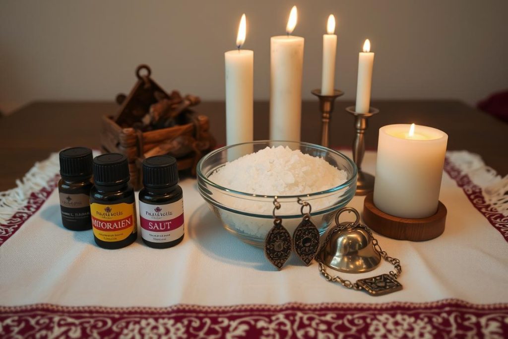 Various protection spell tools including salt, oils, and candles