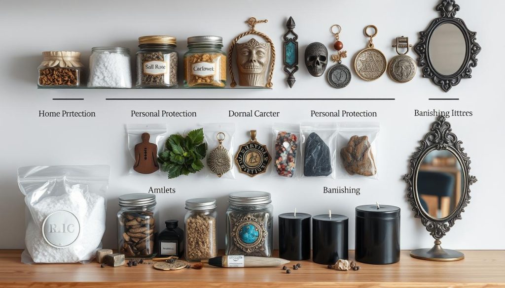 Various types of protection spell materials arranged by category