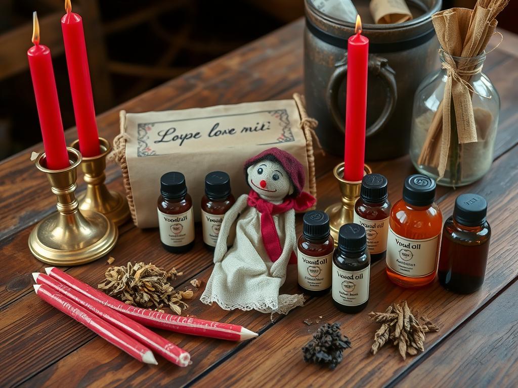 Voodoo love ritual items including dolls and candles used in lost love spells Voodoo love ritual items including dolls and candles used in lost love spells