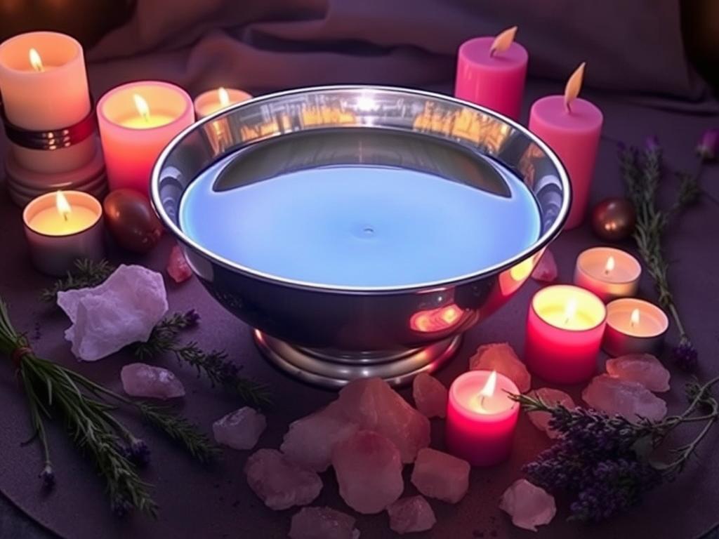 Wiccan full moon ritual setup for reconciliation spells with herbs and crystals Wiccan full moon ritual setup for reconciliation spells with herbs and crystals